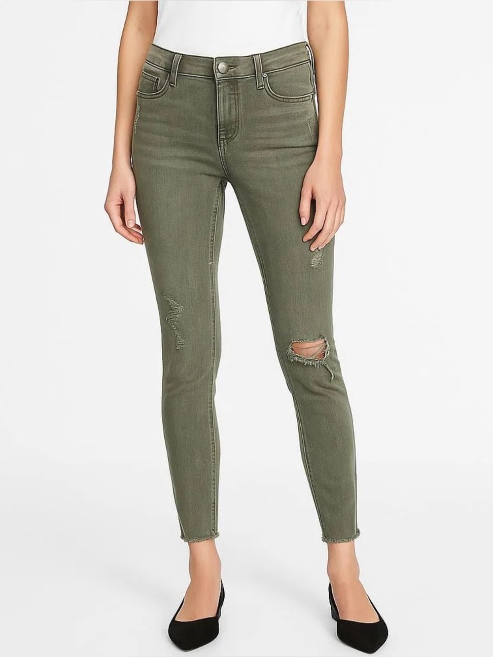 Express Mid Rise Ankle Legging Distressed Jean Raw Hem Olive Green size 6S short